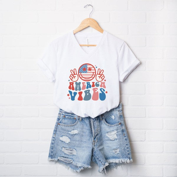 America Vibes Peace Sign Graphic V-Neck Tee