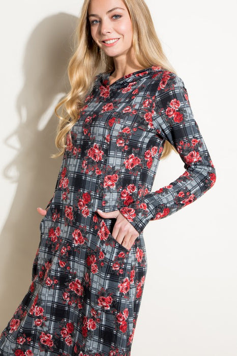 FLORAL AND PLAID PRINT SWEATSHIRT MINI DRESS