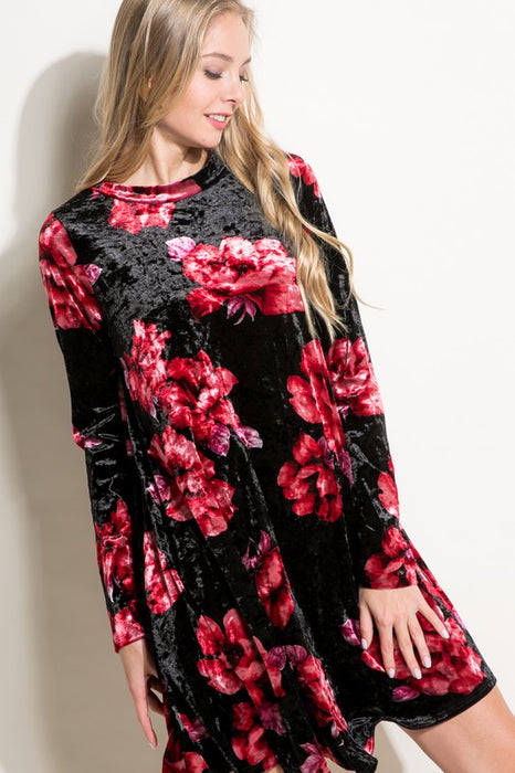 FLORAL PRINT VELVET SWING MINI DRESS