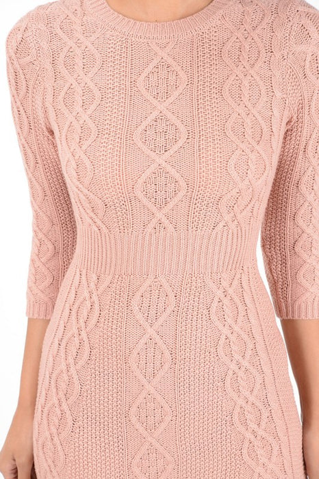 Cable Knit Round Neck 3/4 Slvs Mini Sweater Dress