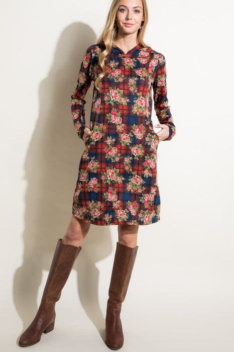 FLORAL AND PLAID PRINT SWEATSHIRT MINI DRESS