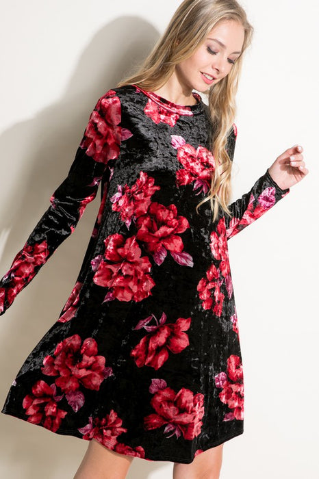 FLORAL PRINT VELVET SWING MINI DRESS