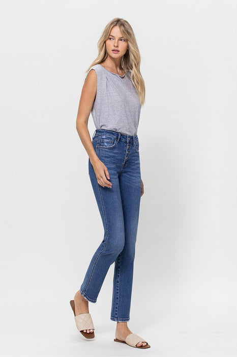 Stretch Mid-Rise Straight Leg w/ Button Up