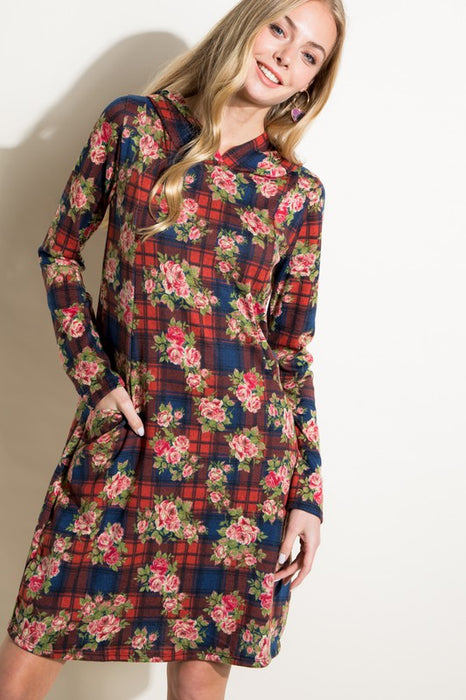 FLORAL AND PLAID PRINT SWEATSHIRT MINI DRESS