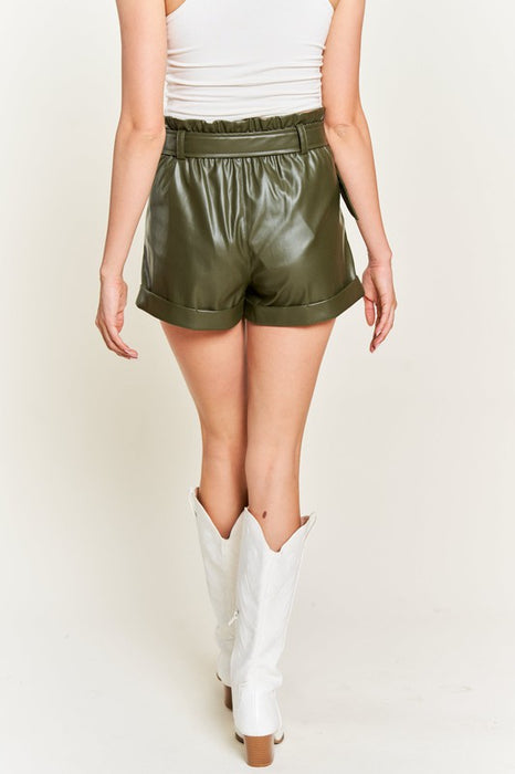 High-rise waist Belted Faux Leather Short JJB5001