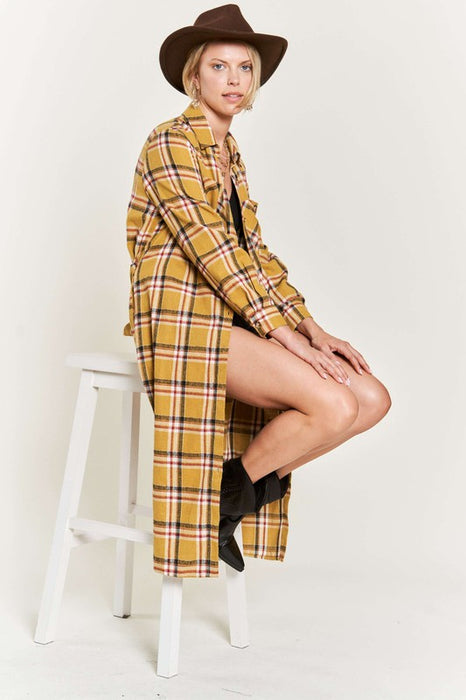 PLAID PRINT COLLAR LONG SHIRT DRESS PLUS