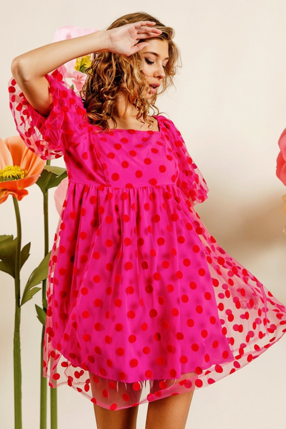 BiBi Polka Dot Corduroy Quarter Sleeves V Neck Blouse main image 0