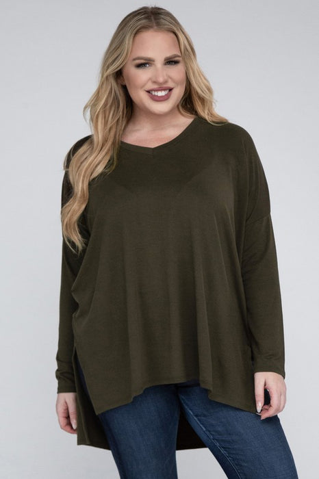 Plus Dolman Sleeve V-Neck Side Slit Hi-Low Hem Top