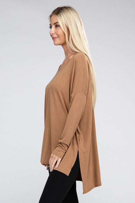 Dolman Long Sleeve V-Neck Side Slit Hi-Low Hem Top