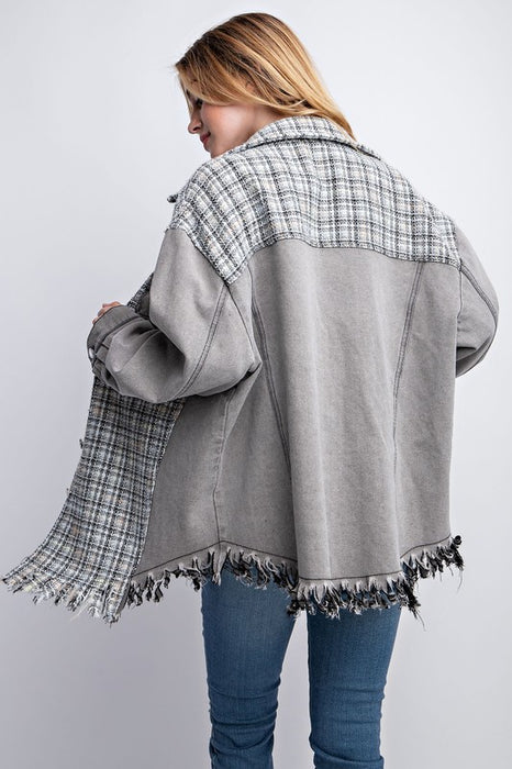 TWEED MIXED DENIM JACKET SHACKET WITH FRINGED HEM