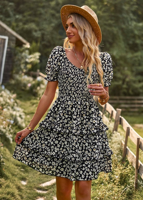 Women's Floral Wrap V-Neck Midi Dress Short Sleeve