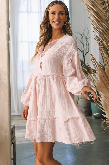 Women Crinkle Distressed Puff Sleeve Flared Dress