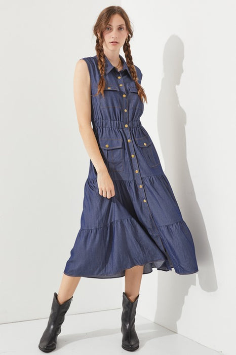 PLUS SLEEVELESS BUTTON DOWN COLLARED DENIM DRESS