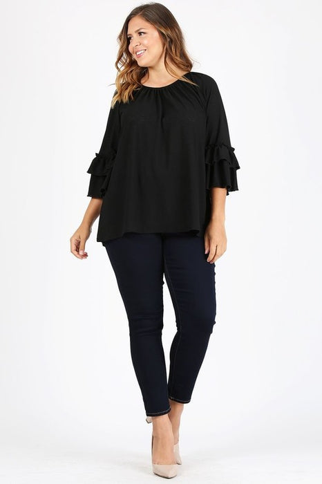 Knit 3/4 Sleeve Double Layer Ruffle Sleeve Top