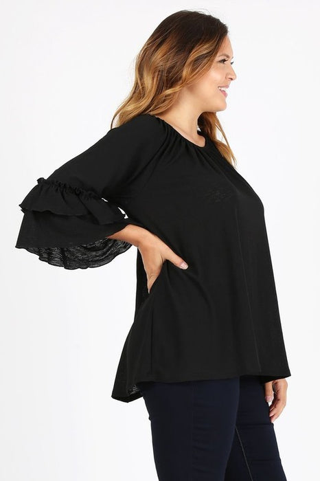 Knit 3/4 Sleeve Double Layer Ruffle Sleeve Top