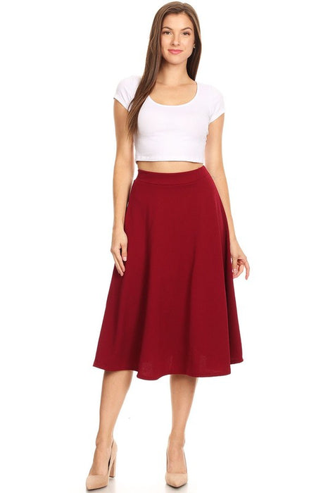 Solid high waisted, A-line, midi skirt