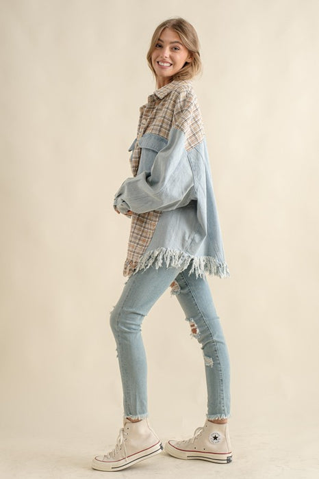 TWEED MIXED DENIM JACKET SHACKET WITH FRINGED HEM