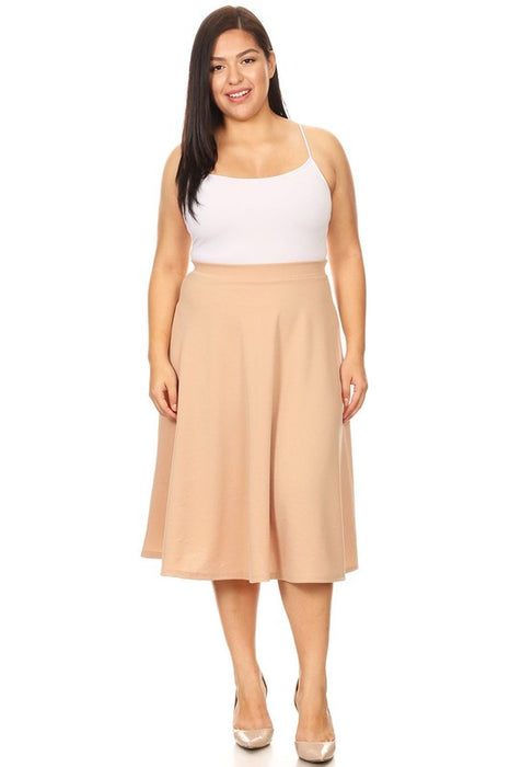 Solid high waisted, A-line, midi skirt