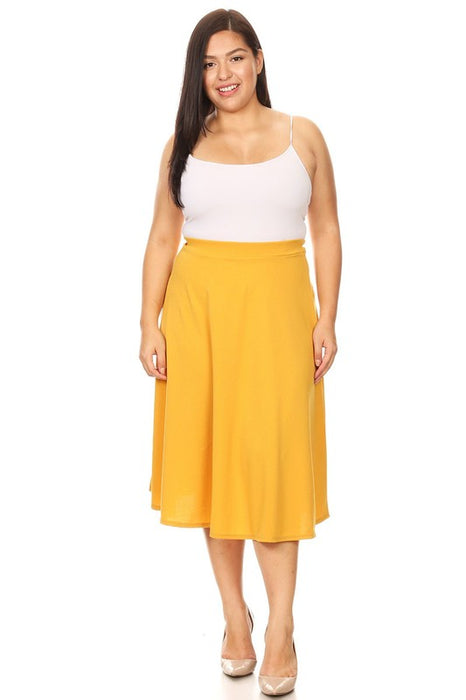 Solid high waisted, A-line, midi skirt