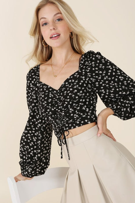 Ruched floral print crop top with puff sleeves