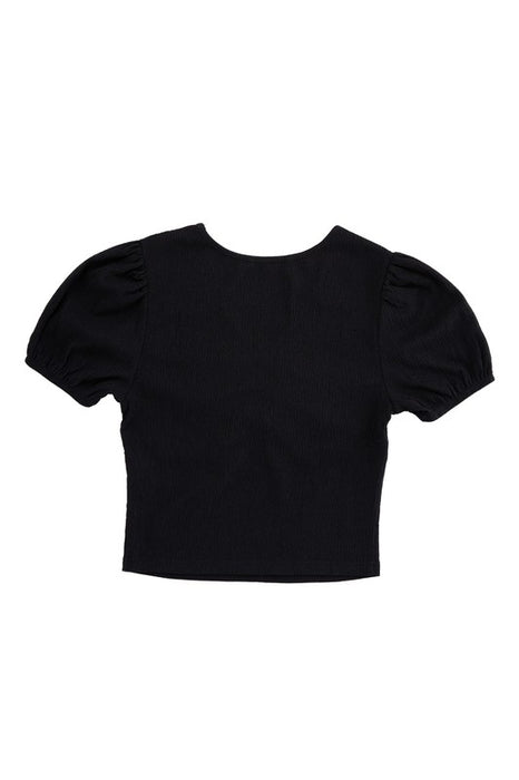 Shirred V neck top with puff sleeves
