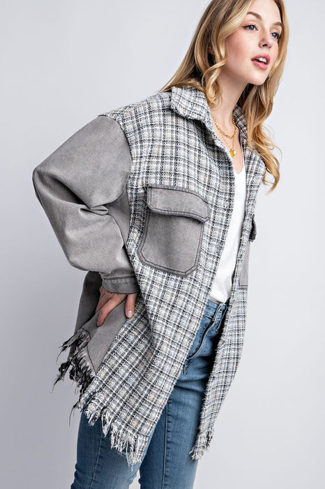 TWEED MIXED DENIM JACKET SHACKET WITH FRINGED HEM