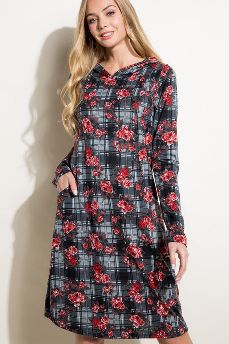 FLORAL AND PLAID PRINT SWEATSHIRT MINI DRESS