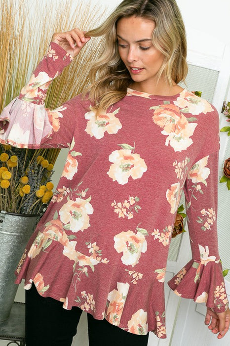 FLORAL PRINT RUFFLE TUNIC TOP