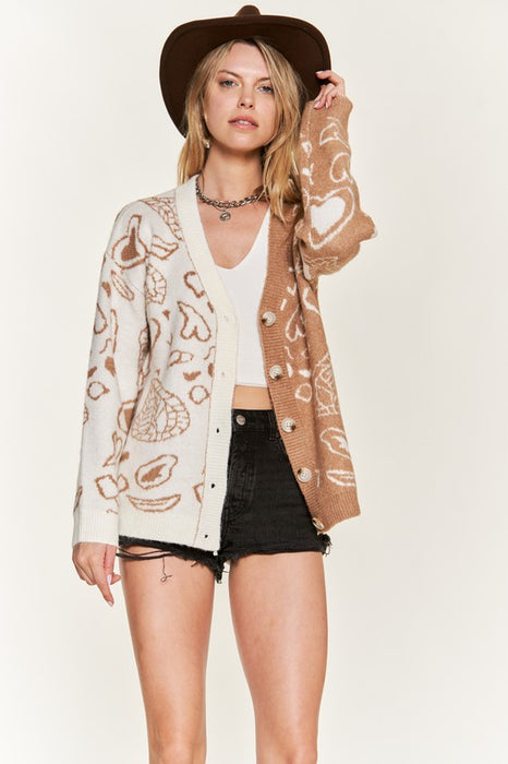 Heart paisley and Color block cardigan JJK5018