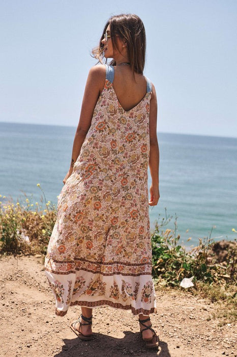 Floral Border Printed V-Neck Sleeveless Maxi Dress