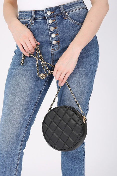 ROUND QUILTED CHAIN TRIM CROSSBODY BAG