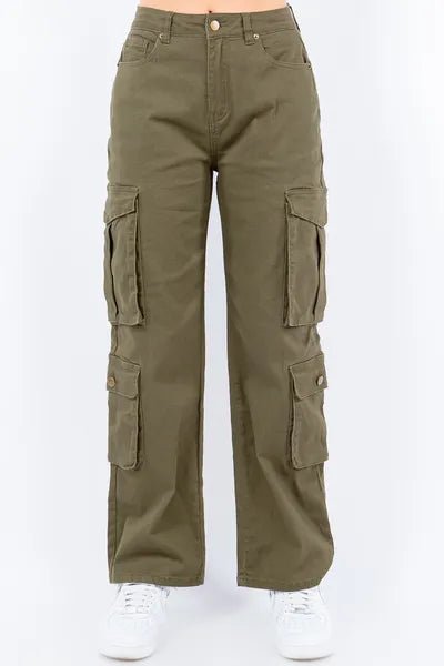 American Bazi Full Size Button Waist High Rise Cargo Pants Plus Size - E2G World