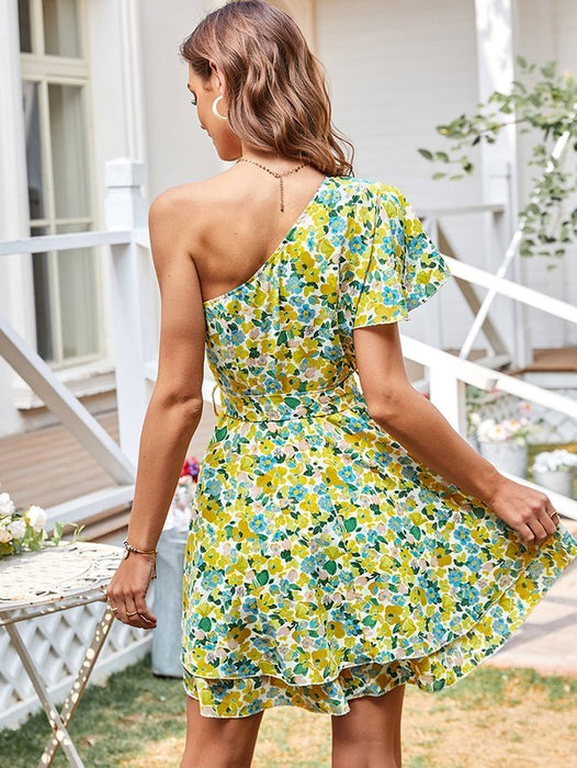 Women's Floral Dress One Shoulder Sundresses