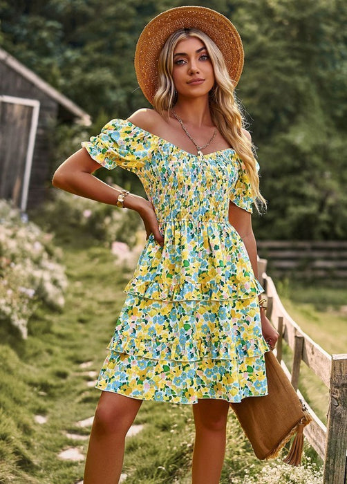 Women's Floral Wrap V-Neck Midi Dress Short Sleeve