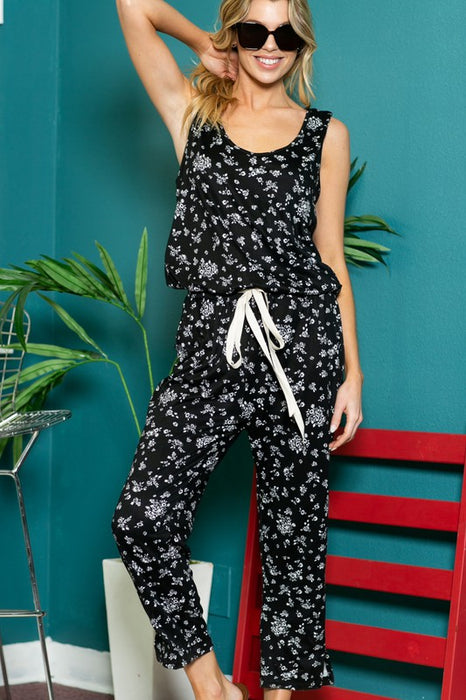 Plus Floral Sleeveless Drawstring Jumpsuit