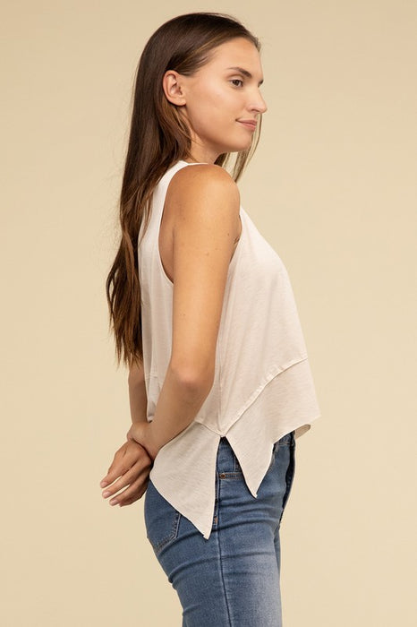 Shark Bite Side Slit Short Sleeveless Top