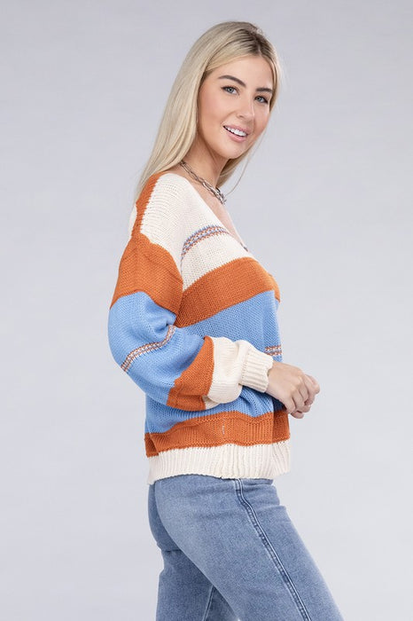 Striped pattern Knit  V Neck Sweater