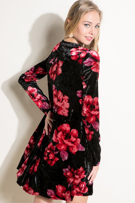 FLORAL PRINT VELVET SWING MINI DRESS