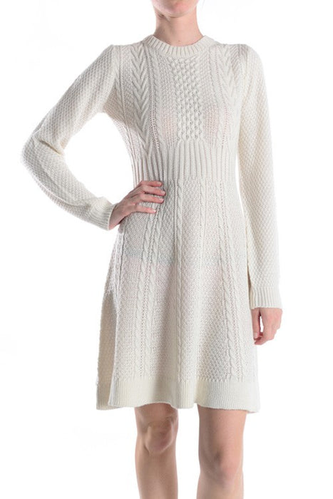 Cable Knit Round Neck Long Sleeves Flare Dress