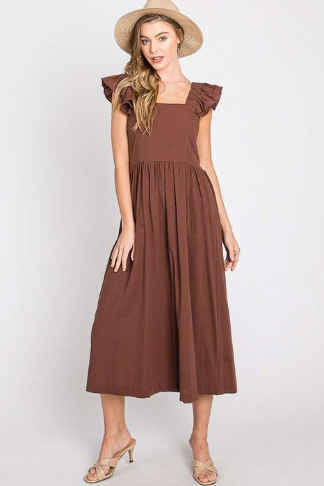 LINEN RUFFLE MID DRESS