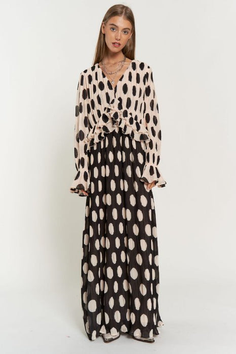 Polka Dot Ruffled Long Sleeve Pleated Maxi Dress