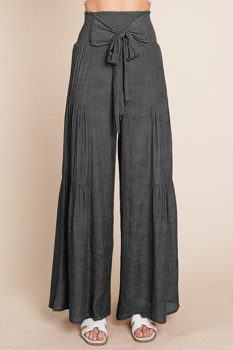 Tie front ruched waist back pants