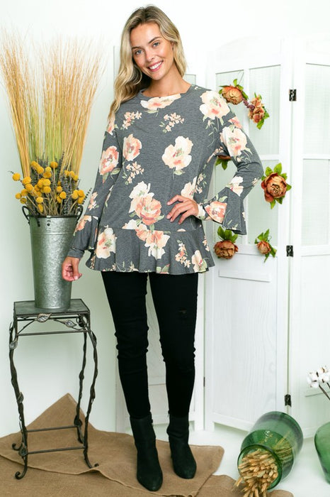 FLORAL PRINT RUFFLE TUNIC TOP