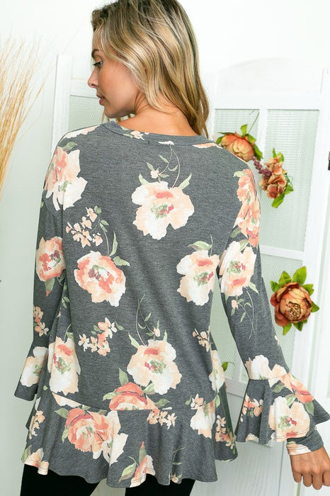 FLORAL PRINT RUFFLE TUNIC TOP