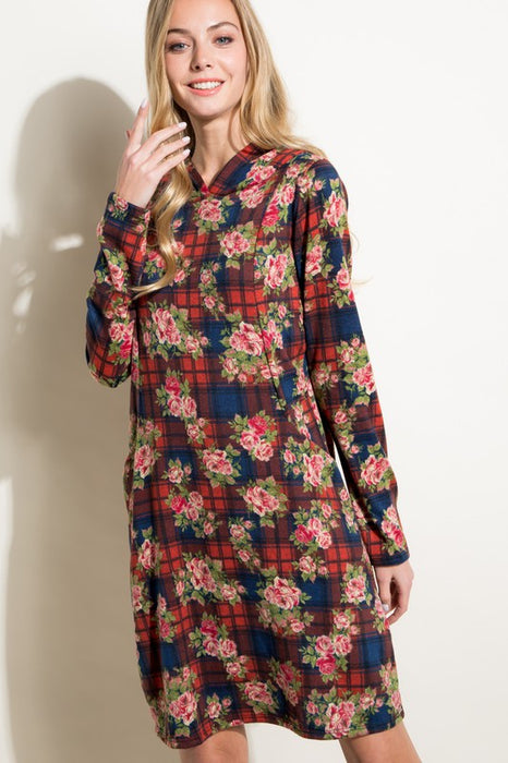 FLORAL AND PLAID PRINT SWEATSHIRT MINI DRESS