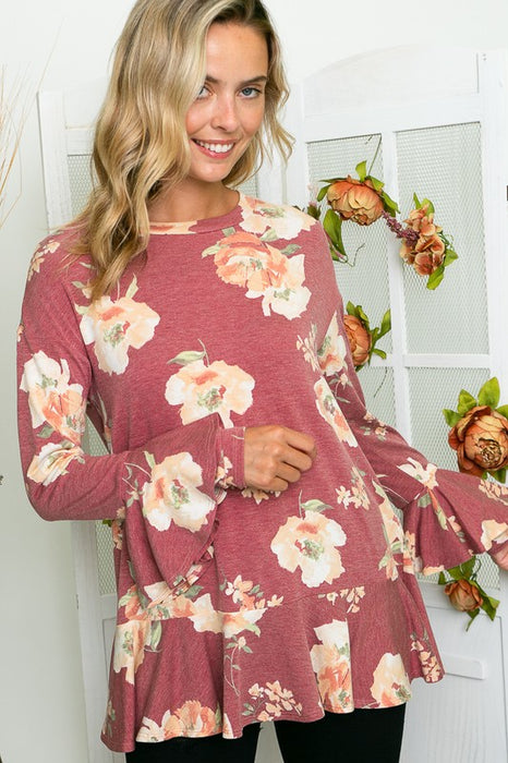 FLORAL PRINT RUFFLE TUNIC TOP