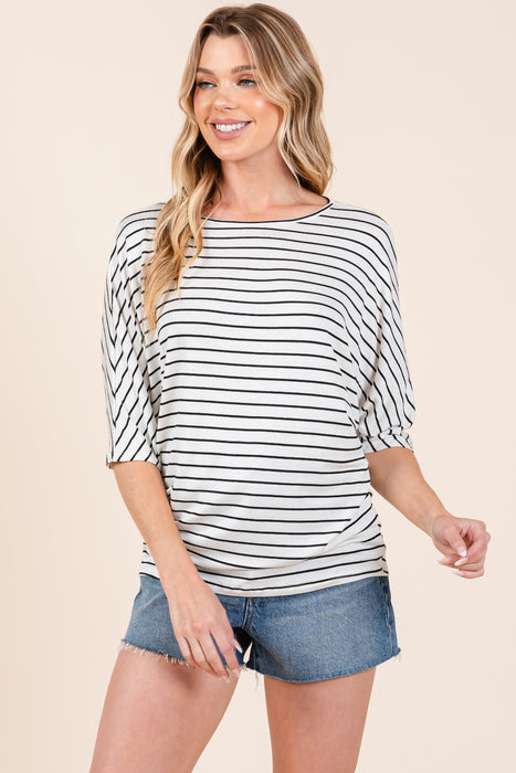 BOMBOM Striped Boat Neck Dolman Sleeve Top