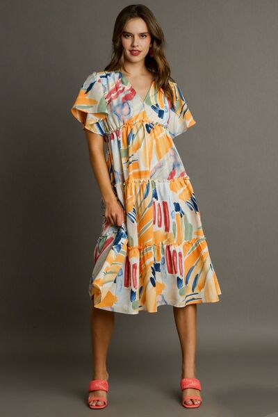 Umgee Full Size Abstract Print Flutter Sleeve Frill Tiered Midi Dress Plus Size - E2G World