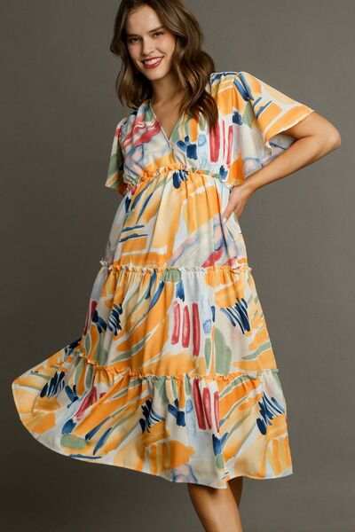Umgee Full Size Abstract Print Flutter Sleeve Frill Tiered Midi Dress Plus Size - E2G World