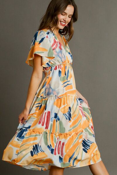 Umgee Full Size Abstract Print Flutter Sleeve Frill Tiered Midi Dress Plus Size - E2G World